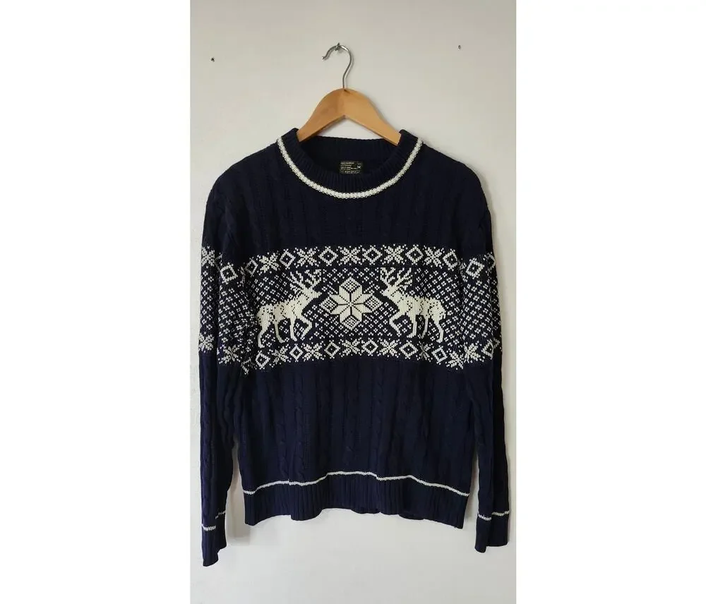 Vintage Jcpenny Fair Isle Reindeer Sweater Navy Blue Nordic Ski Knit Medium